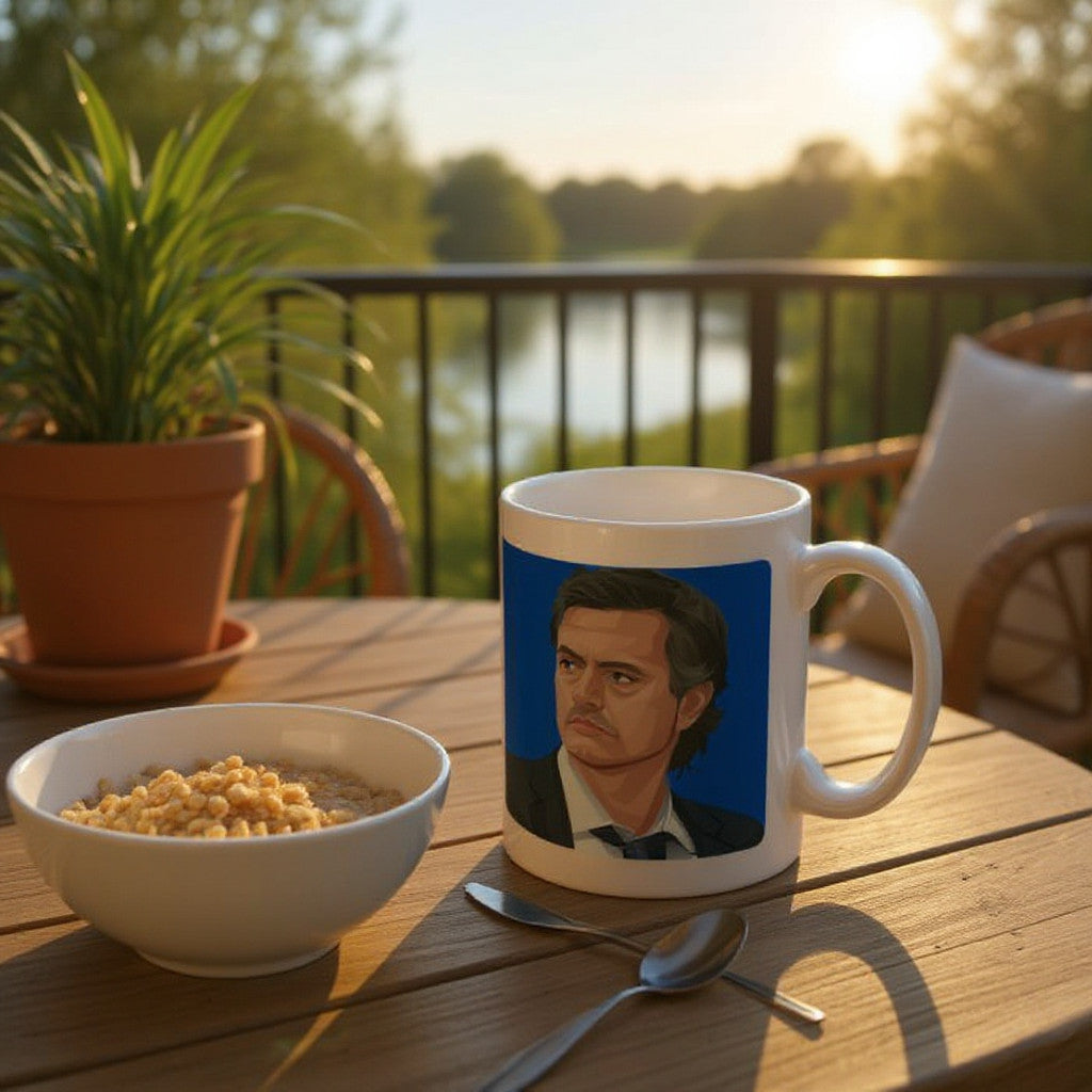 Retrotext Chelsea 2005 League Cup winners mug featuring a Jose Mourinho illustration on a glossy white ceramic surface