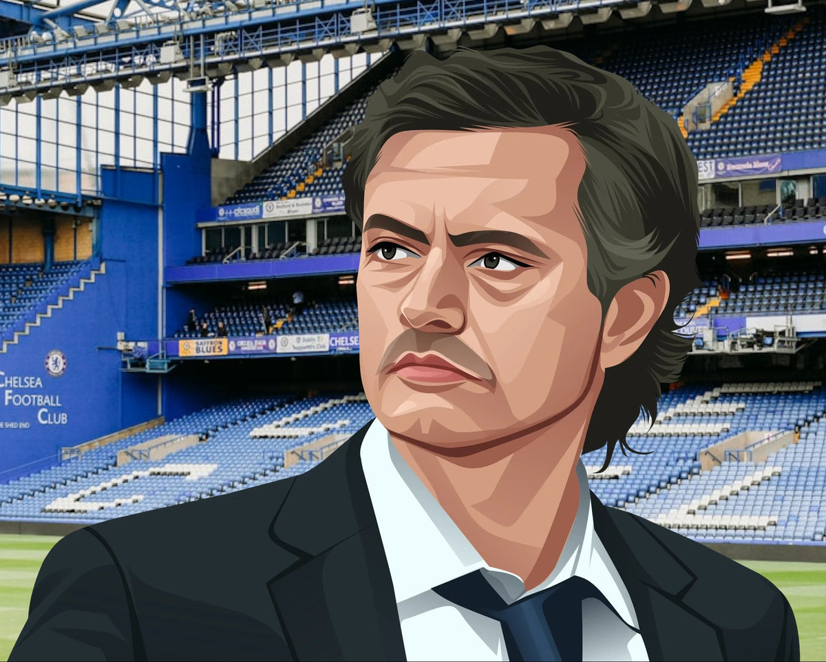 Retrotext Chelsea 2015 Premier League Champions Jose Mourinho illustration on a glossy white 11oz ceramic mug