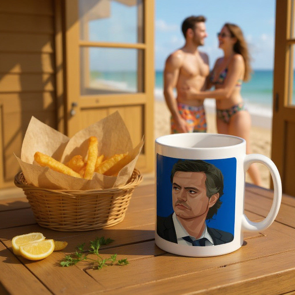 Retrotext 11oz glossy white ceramic mug featuring a Jose Mourinho illustration, set on a wooden table by the beach.