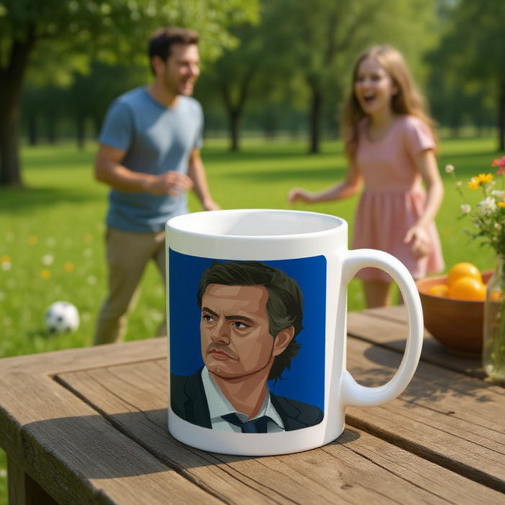 Retrotext white 11oz ceramic mug featuring a graphic illustration of Jose Mourinho on a blue background