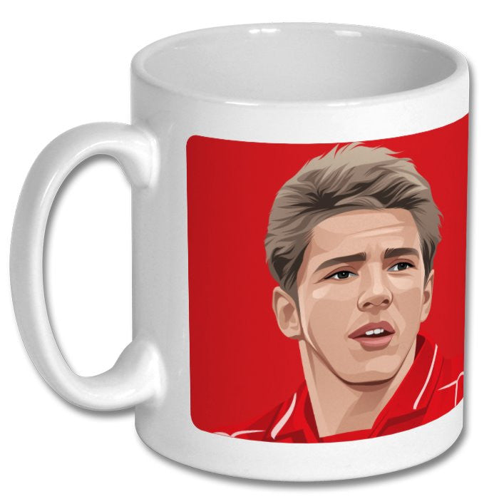 Retrotext white ceramic mug featuring a stylized illustration of Juninho in his Middlesbrough kit on a red background.