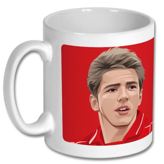 Retrotext white ceramic mug featuring a stylized illustration of Juninho in his Middlesbrough kit on a red background.