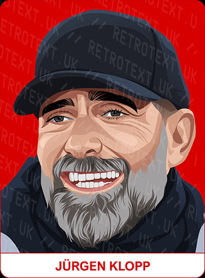 Retrotext personalised Liverpool Legends mug featuring a colourful illustrated portrait of Jurgen Klopp