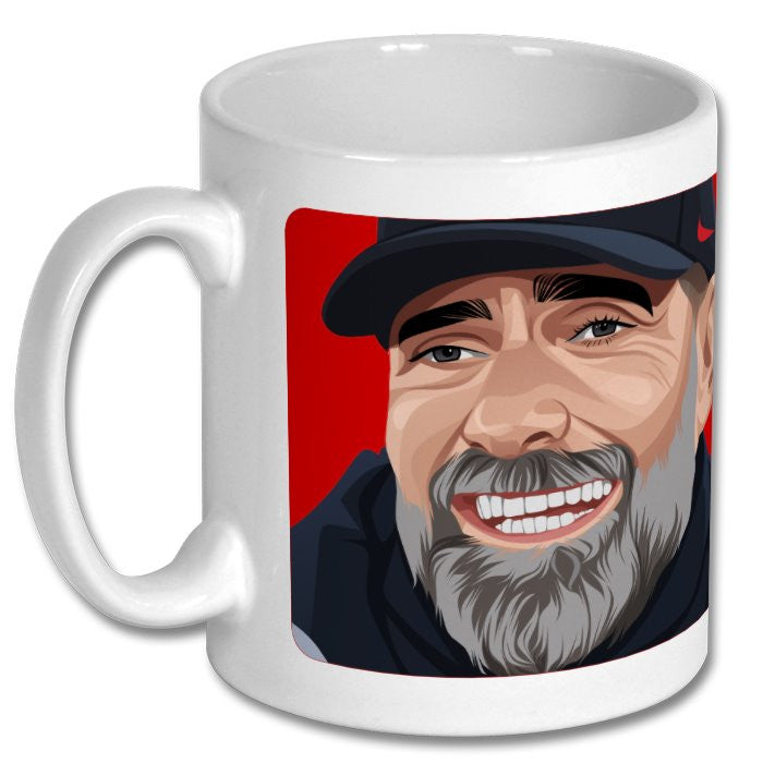 Retrotext ceramic mug featuring a vibrant illustration of Jurgen Klopp celebrating Liverpool's 5-0 win over Man Utd.