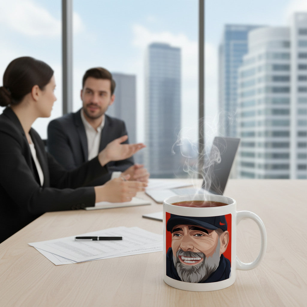 Retrotext ceramic mug featuring a Jurgen Klopp illustration on a desk in a modern office with colleagues in background