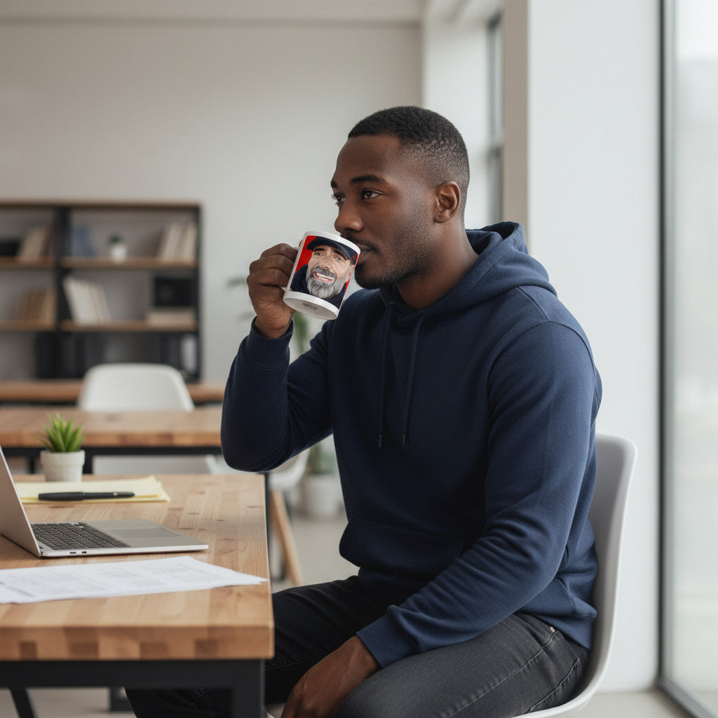 A man in a navy hoodie drinking from a Retrotext ceramic mug featuring a Jurgen Klopp teletext graphic at a desk.