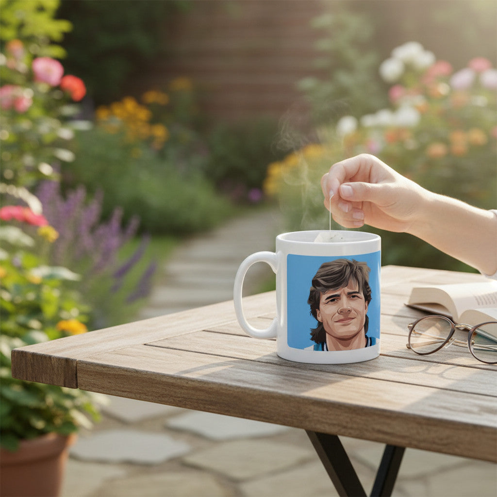 Retrotext ceramic mug featuring Keith Houchen illustration from 1987 FA Cup Final, held on a wooden garden table.