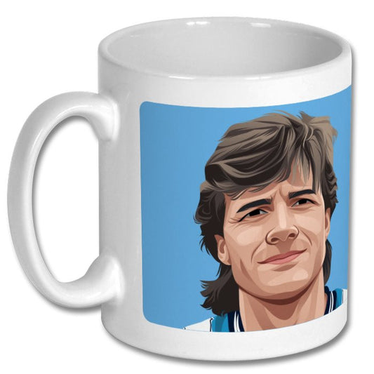 Retrotext ceramic mug featuring a graphic illustration of Keith Houchen from the 1987 FA Cup Final on a blue background