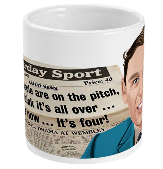 Retrotext 11oz glossy white mug featuring Kenneth Wolstenholme and his iconic 1966 World Cup commentary quote
