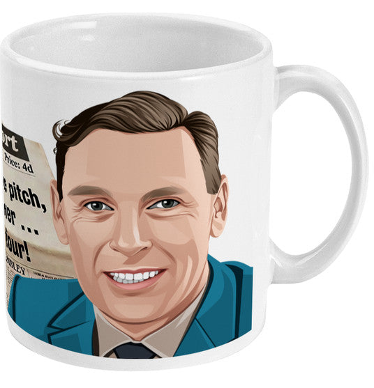 Retrotext 11oz glossy white ceramic mug featuring a portrait of Kenneth Wolstenholme and his famous 1966 quote.