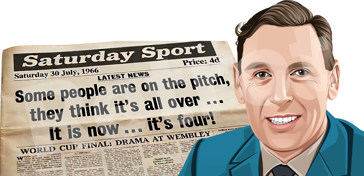 Retrotext 1966 World Cup Kenneth Wolstenholme mug featuring iconic commentary quote and portrait illustration