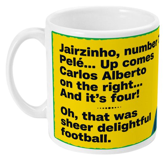 Retrotext 11oz glossy white ceramic mug featuring the iconic Kenneth Wolstenholme football commentary quote in yellow