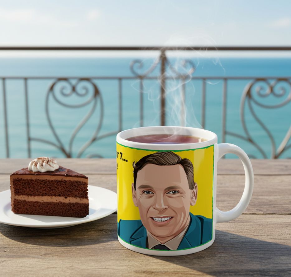 Retrotext 11oz glossy white ceramic mug featuring a Kenneth Wolstenholme illustration, set on a table with cake.