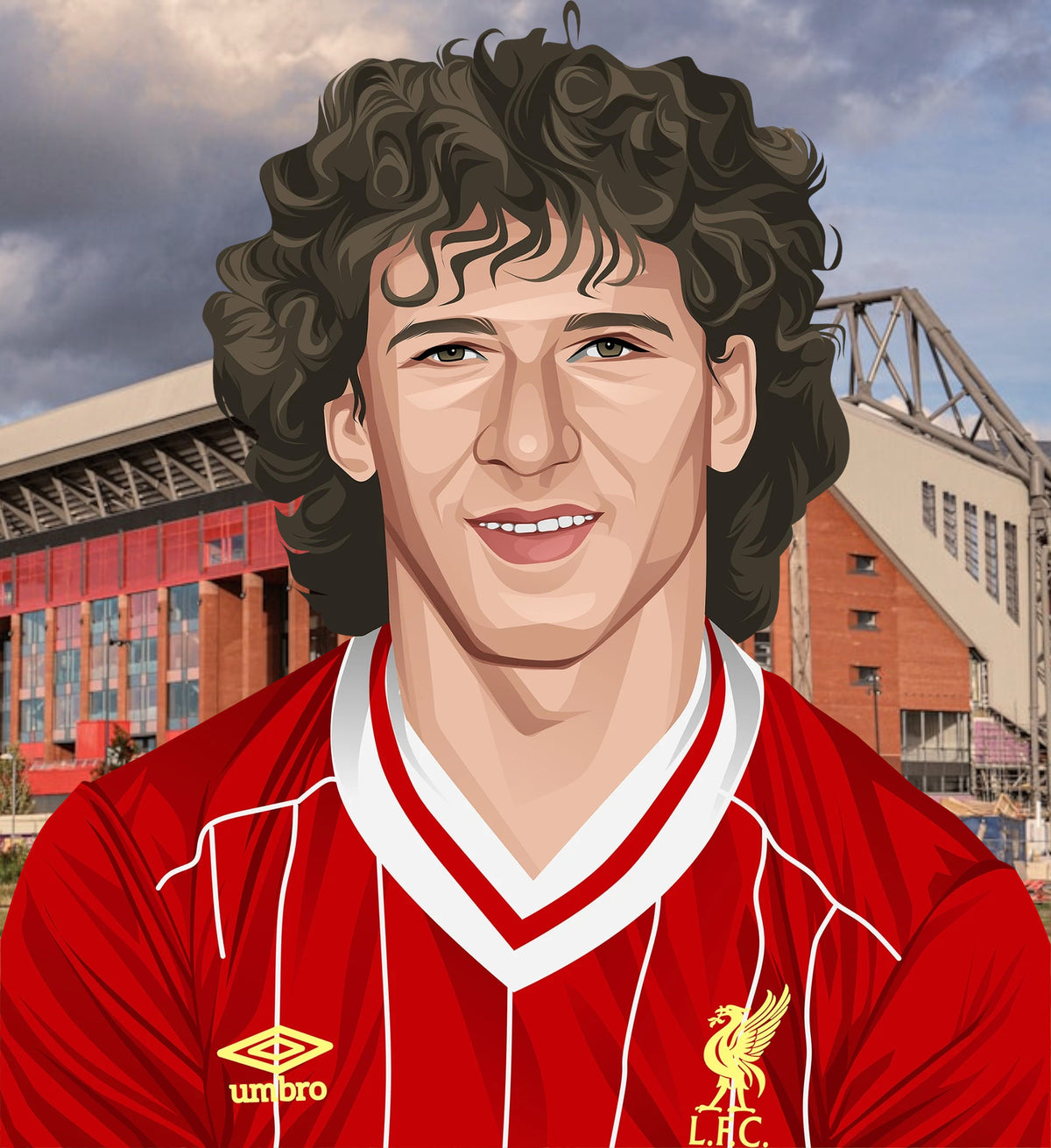 Retrotext ceramic mug featuring a vintage illustration of Kenny Dalglish in a 1986 Liverpool FC kit at Anfield