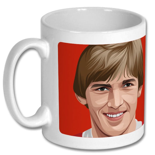 Retrotext ceramic mug featuring a vibrant illustration of Kenny Dalglish against a bold red background