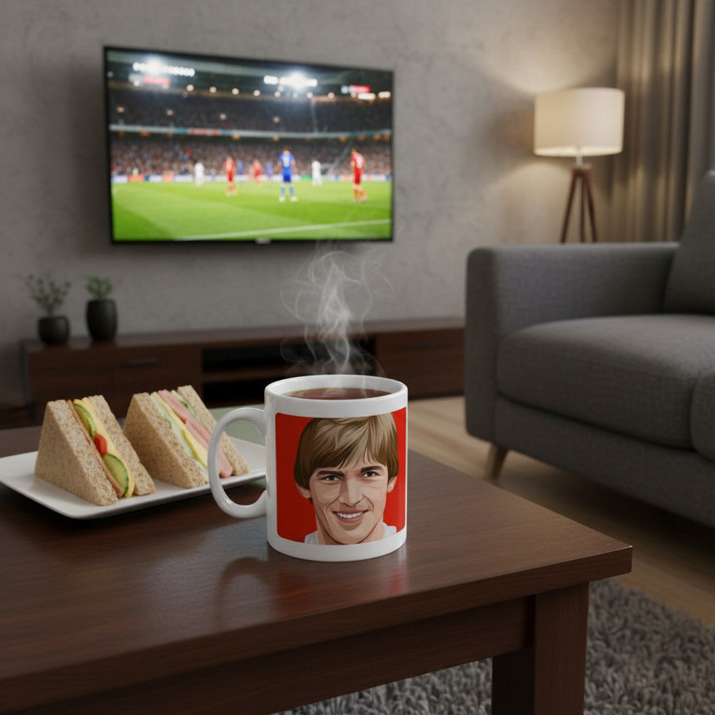 Retrotext ceramic mug featuring Kenny Dalglish on a red background, placed on a table with sandwiches in a living room