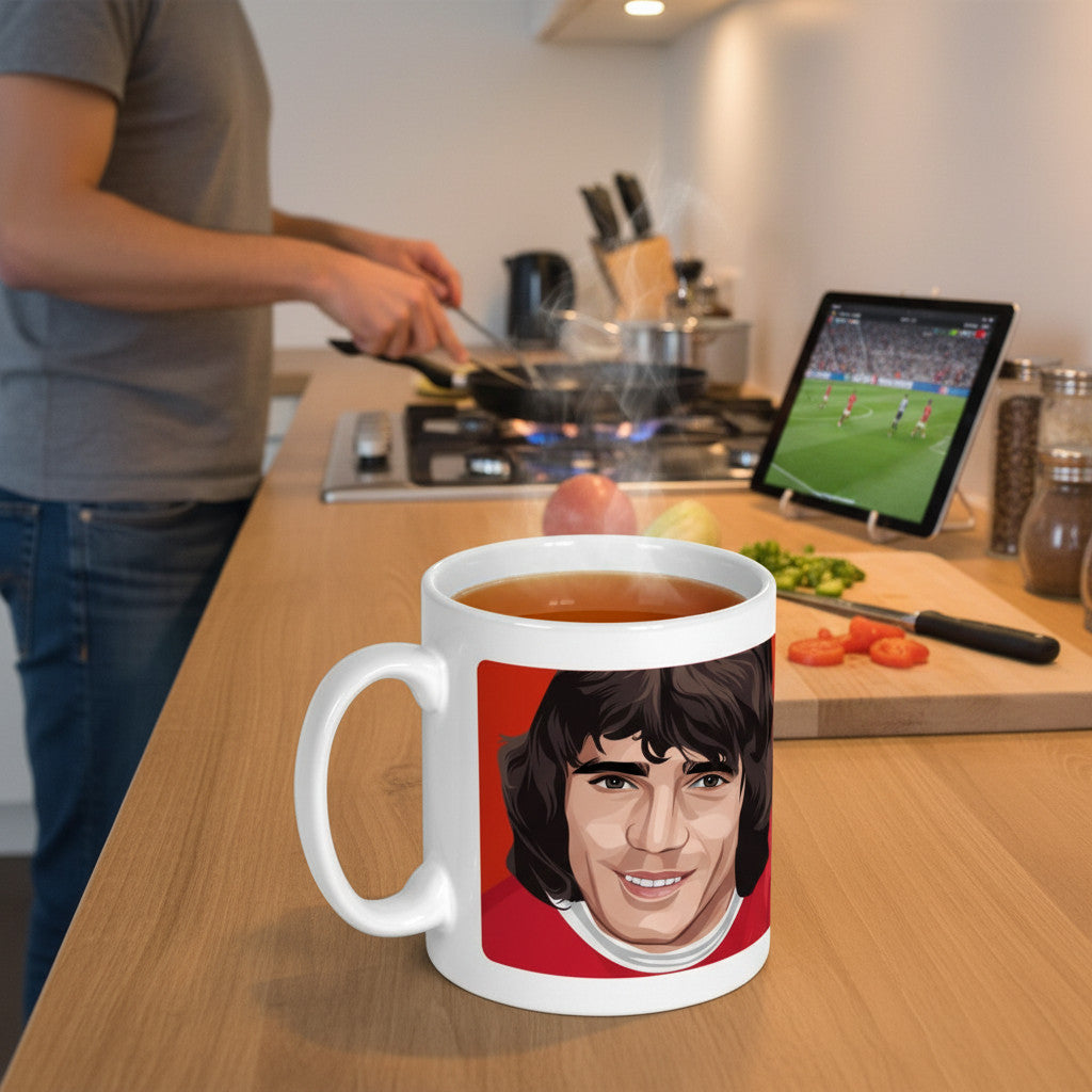 Retrotext Liverpool 1974 FA Cup Kevin Keegan ceramic mug with retro teletext graphic on a wooden kitchen counter