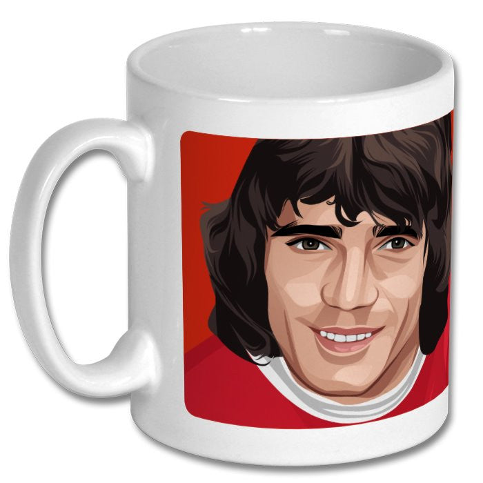 Retrotext Liverpool 1974 FA Cup ceramic mug featuring a retro graphic of Kevin Keegan on a vibrant red background.