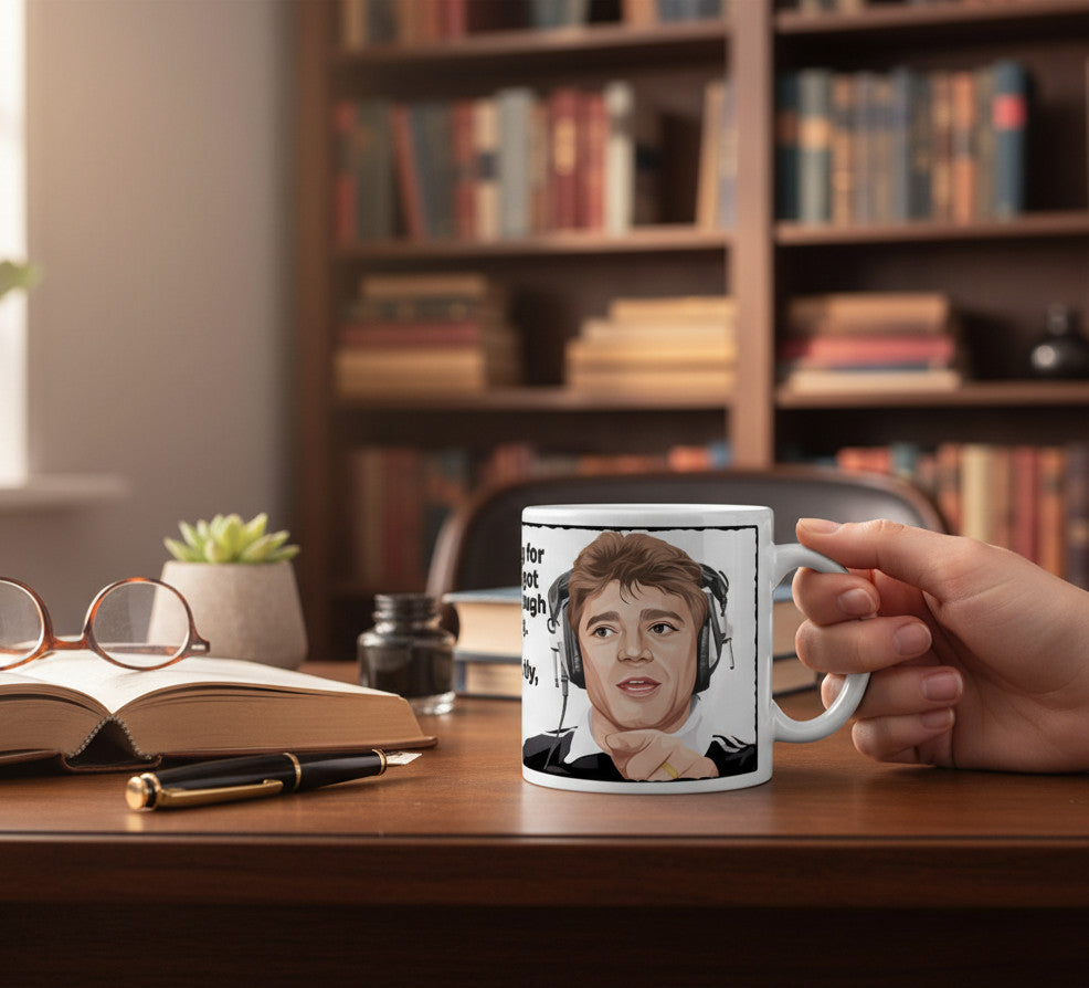 Retrotext white ceramic mug featuring a graphic of Kevin Keegan from his 1996 rant, held on a wooden desk.