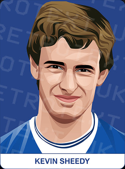 Retrotext Everton mug featuring a digital illustration of Kevin Sheedy in a blue kit against a blue background.