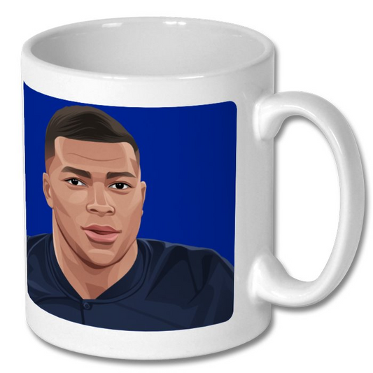 Retrotext 11oz glossy white ceramic mug featuring a digital illustration of Kylian Mbappe in his France kit.