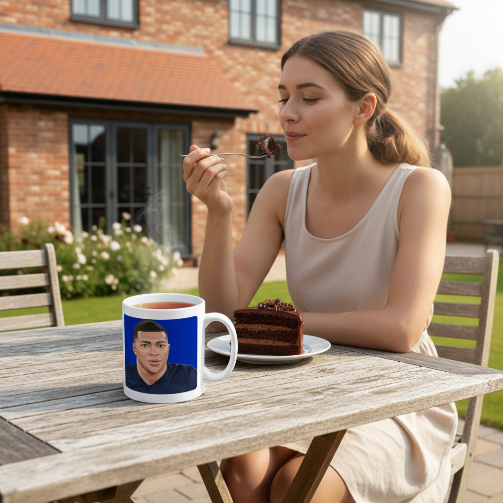 Retrotext 11oz glossy white mug featuring a Kylian Mbappe illustration, sitting on a table with a woman eating cake.