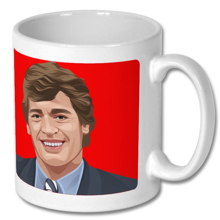 Retrotext ceramic mug featuring a vibrant portrait of Lawrie McMenemy against a bright red background