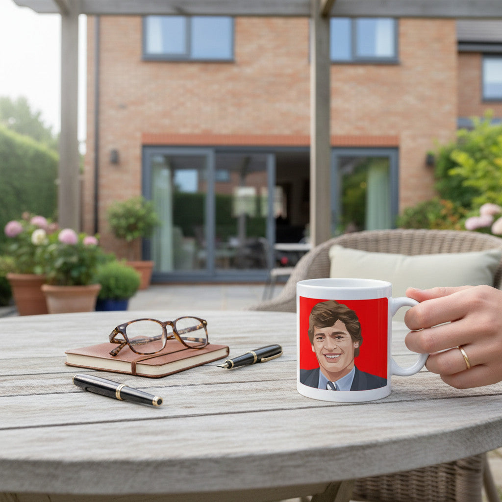 Retrotext Southampton 1976 FA Cup Winners mug featuring Lawrie McMenemy portrait on a red background held on a patio.
