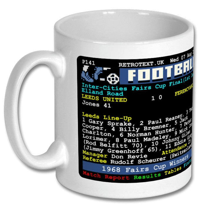 Retrotext Leeds United 1968 Inter-Cities Fairs Cup Winners ceramic mug with vintage teletext football score design