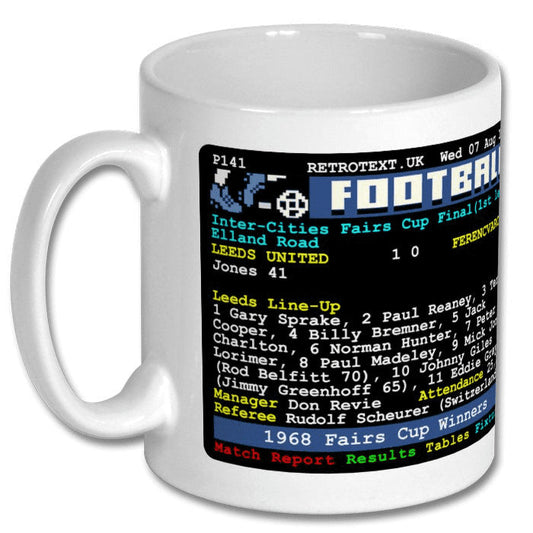 Retrotext Leeds United 1968 Inter-Cities Fairs Cup Winners ceramic mug with vintage teletext football score design