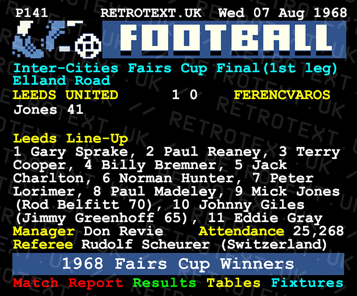Retrotext Leeds United 1968 Inter-Cities Fairs Cup Winners ceramic mug featuring a vintage teletext football report