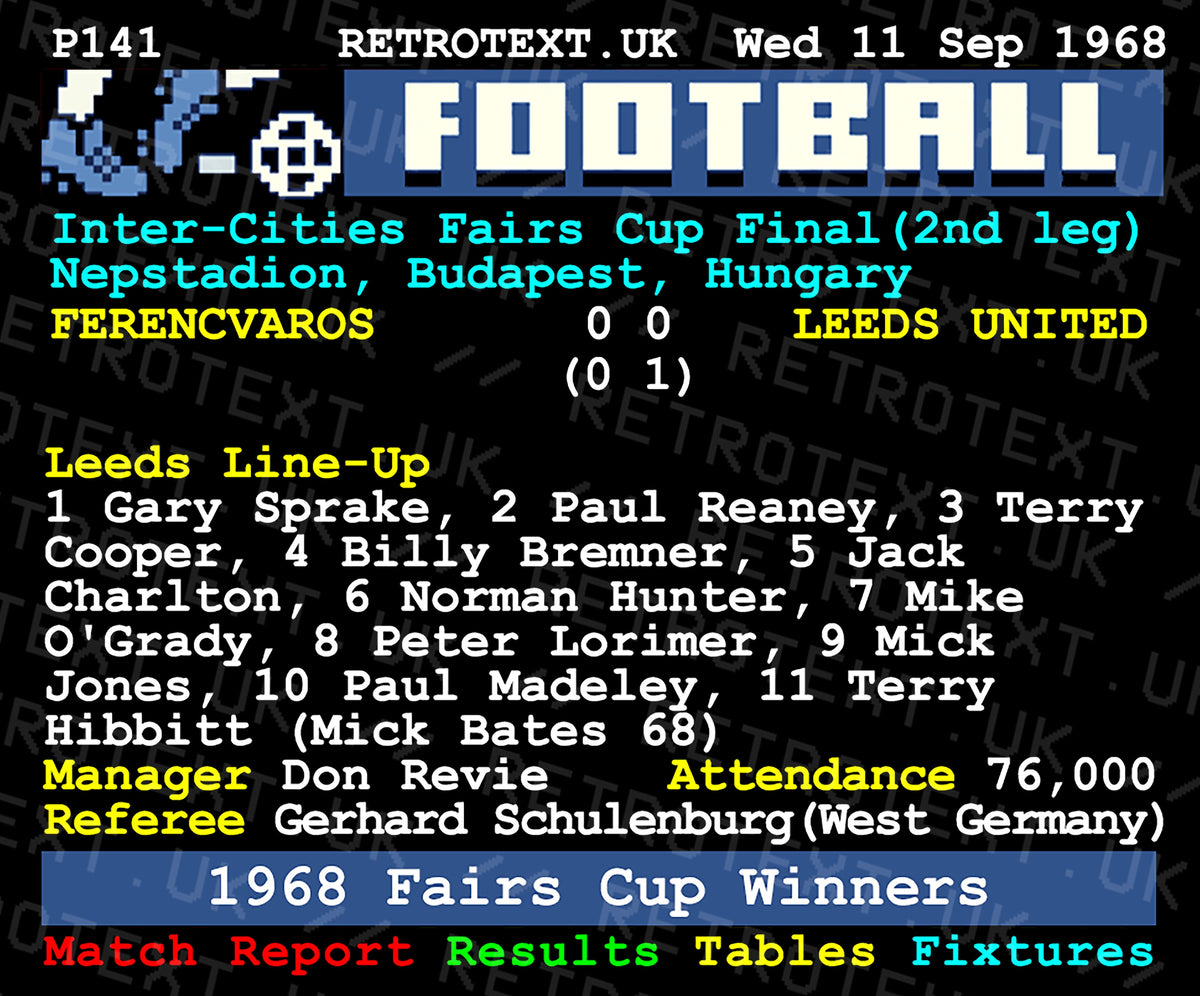 Retrotext Leeds United 1968 Inter-Cities Fairs Cup Winners ceramic mug featuring a vintage teletext football design.