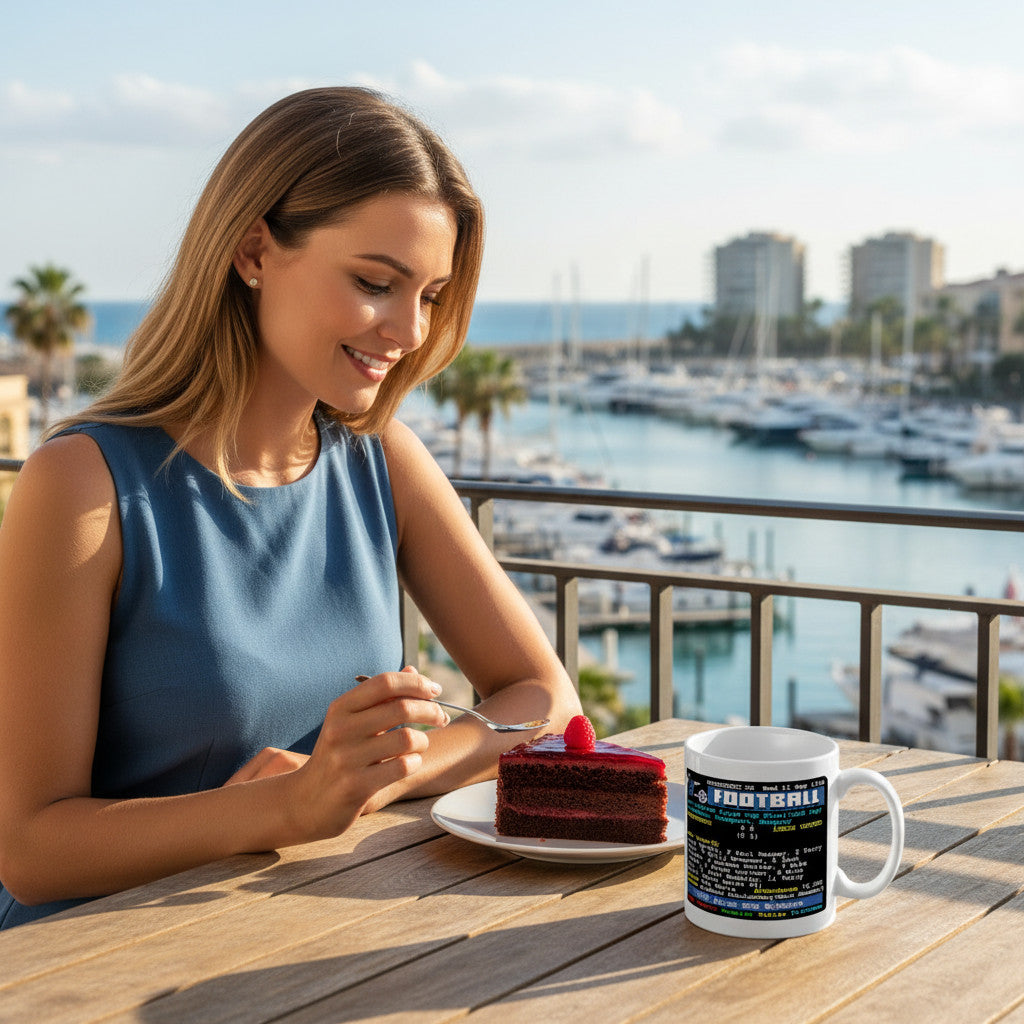 Retrotext Leeds United 1968 Fairs Cup winners teletext mug on a wooden table next to a woman eating cake by a marina.