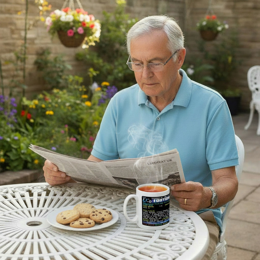 An older man reading a newspaper outdoors with a Retrotext Leeds United 1968 Fairs Cup ceramic mug on the table.