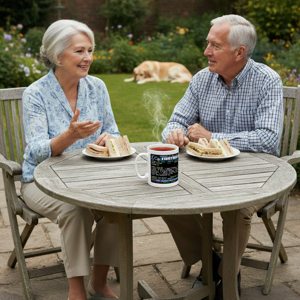 Retrotext Leeds United 1968 League Cup Winners mug featuring Billy Bremner on a garden table with an elderly couple