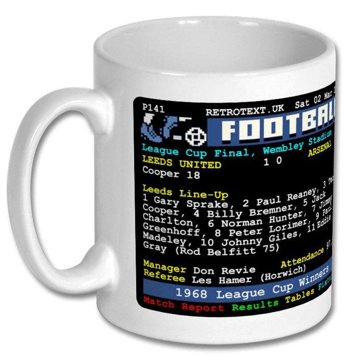 Retrotext Leeds United 1968 League Cup Winners ceramic mug featuring a retro teletext match report and team lineup.