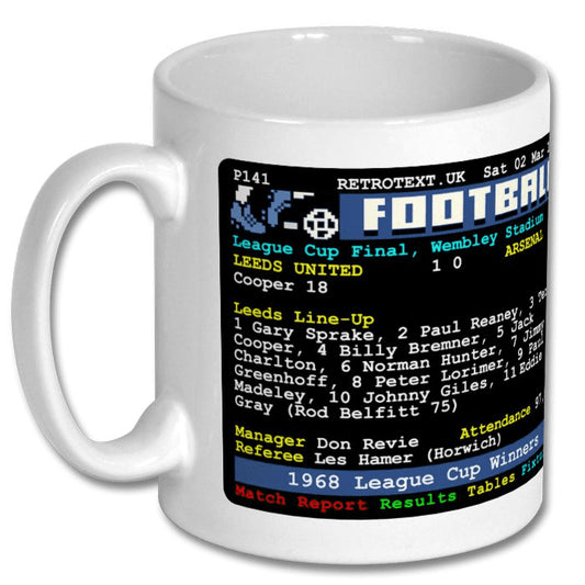 Retrotext Leeds United 1968 League Cup Winners ceramic mug featuring a retro teletext match report and team lineup.