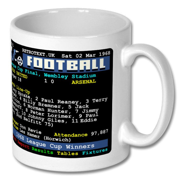 Retrotext Leeds United 1968 League Cup Winners ceramic mug featuring a retro teletext match report graphic.
