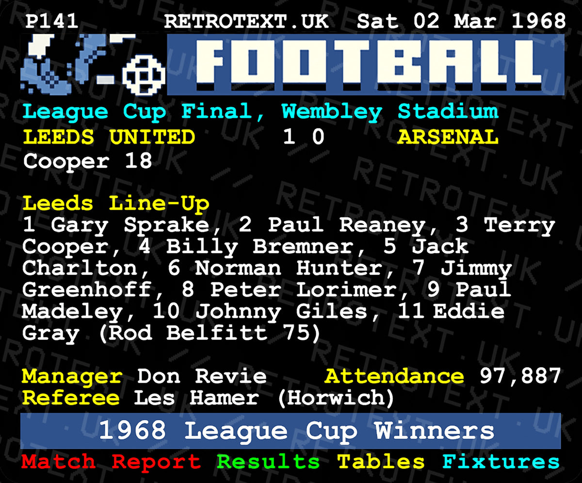 Retrotext Leeds United 1968 League Cup winners ceramic mug featuring a retro teletext match report graphic