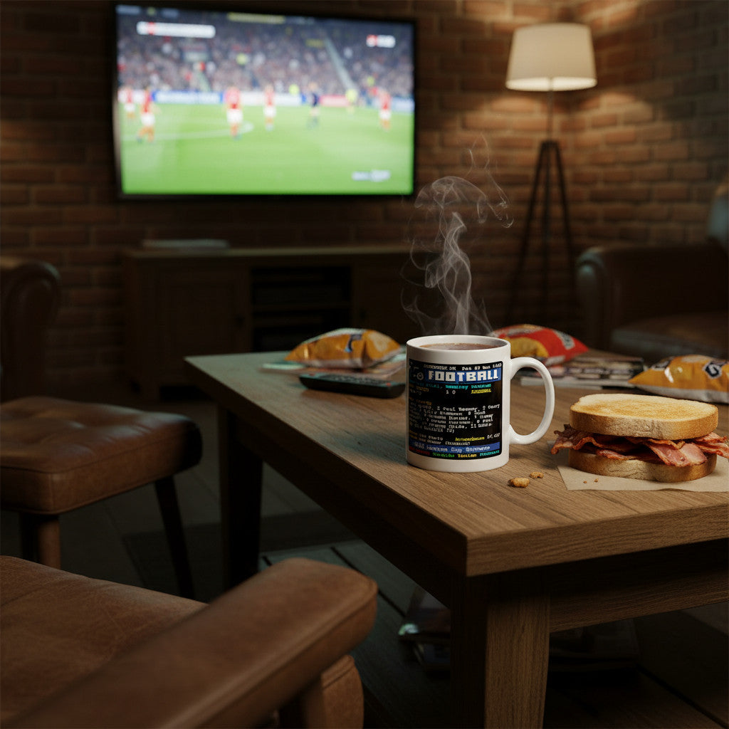 Retrotext Leeds United 1968 League Cup Winners ceramic mug with teletext match details on a wooden living room table.