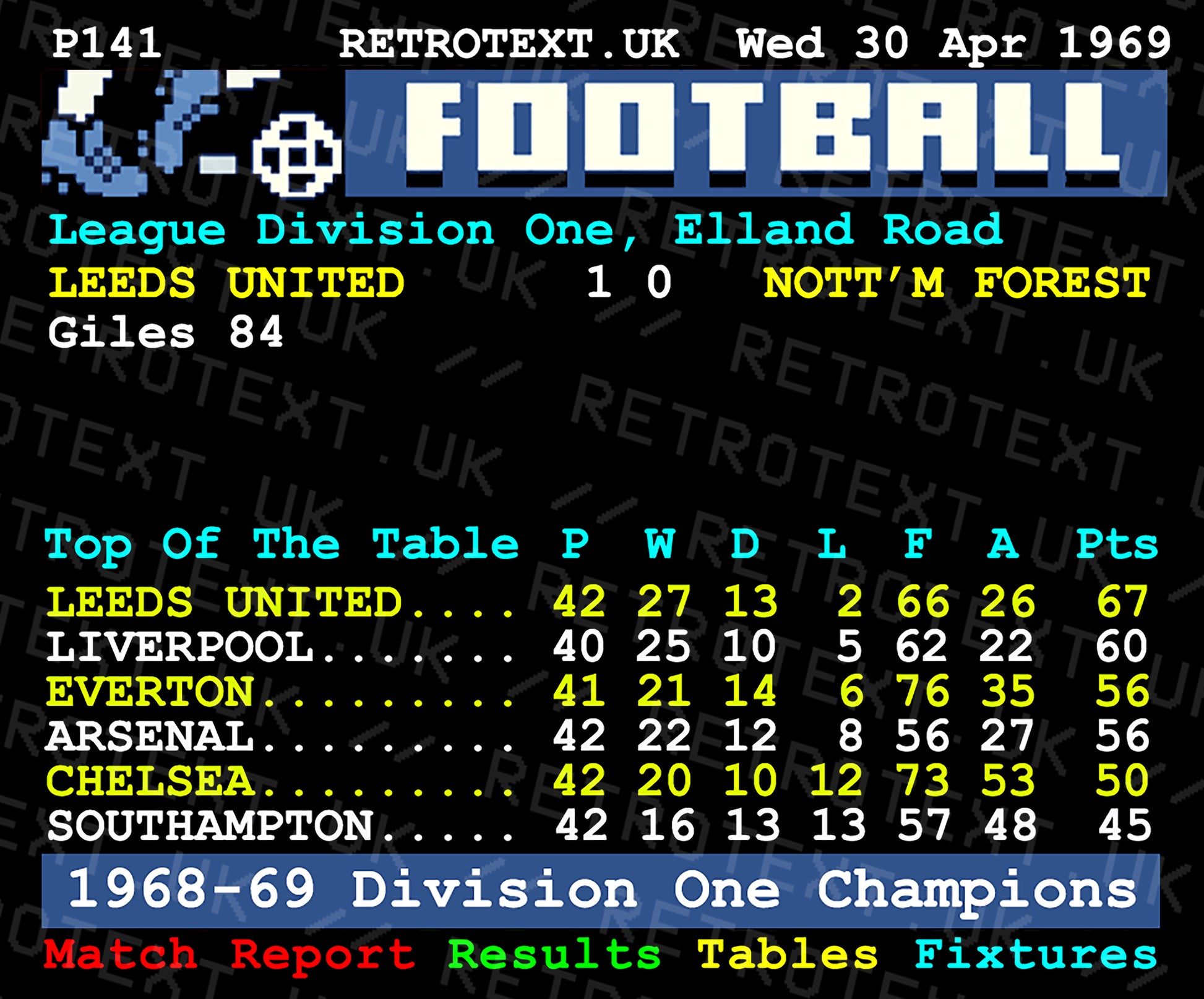 Retrotext Leeds United 1969 Division One Champions teletext style ceramic mug with football league table design