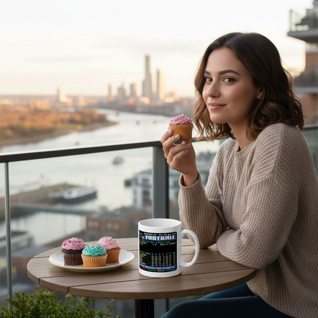Retrotext Leeds United 1969 Champions mug featuring a vintage teletext design, held by a woman on a balcony.