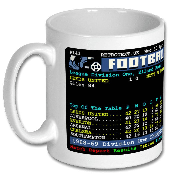 Retrotext Leeds United 1969 Division One Champions teletext style 11oz glossy white ceramic football mug