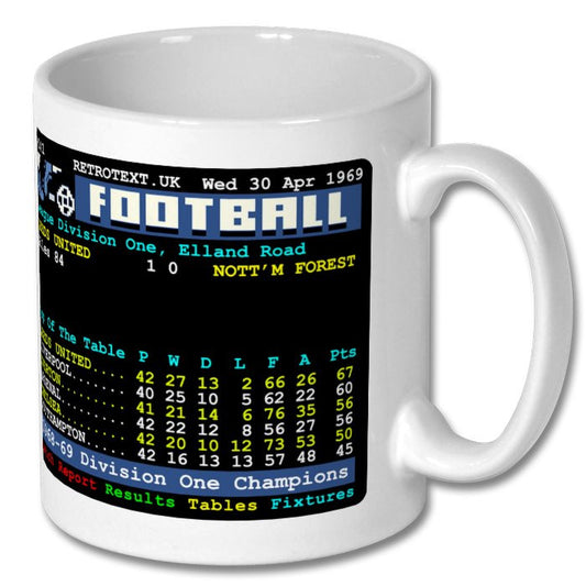 Retrotext Leeds United 1969 Division One Champions teletext design on a glossy white 11oz ceramic mug