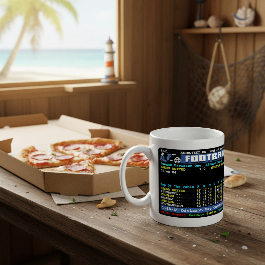 Retrotext Leeds United 1969 Division One Champions teletext mug with football league table print on a wooden table