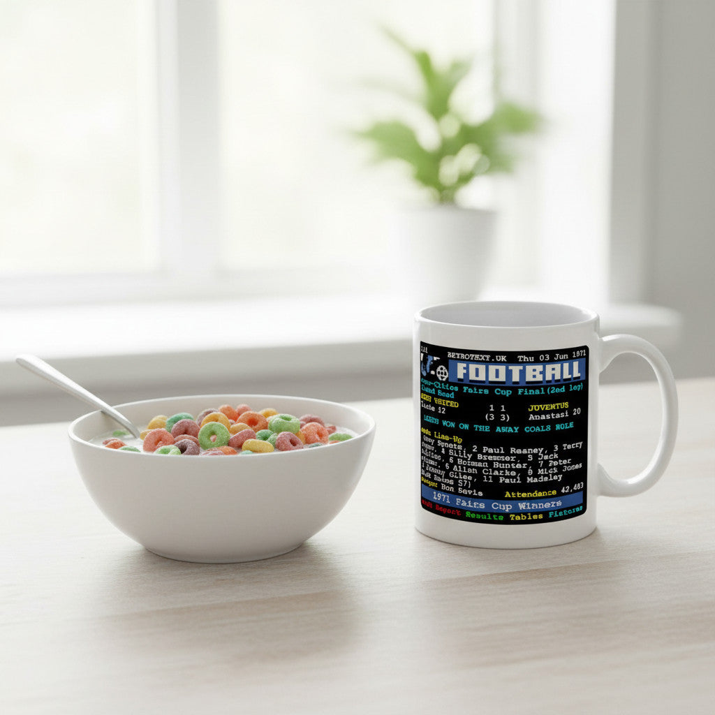 Retrotext Leeds United 1971 Inter-Cities Fairs Cup Winners teletext design on a glossy white 11oz ceramic mug