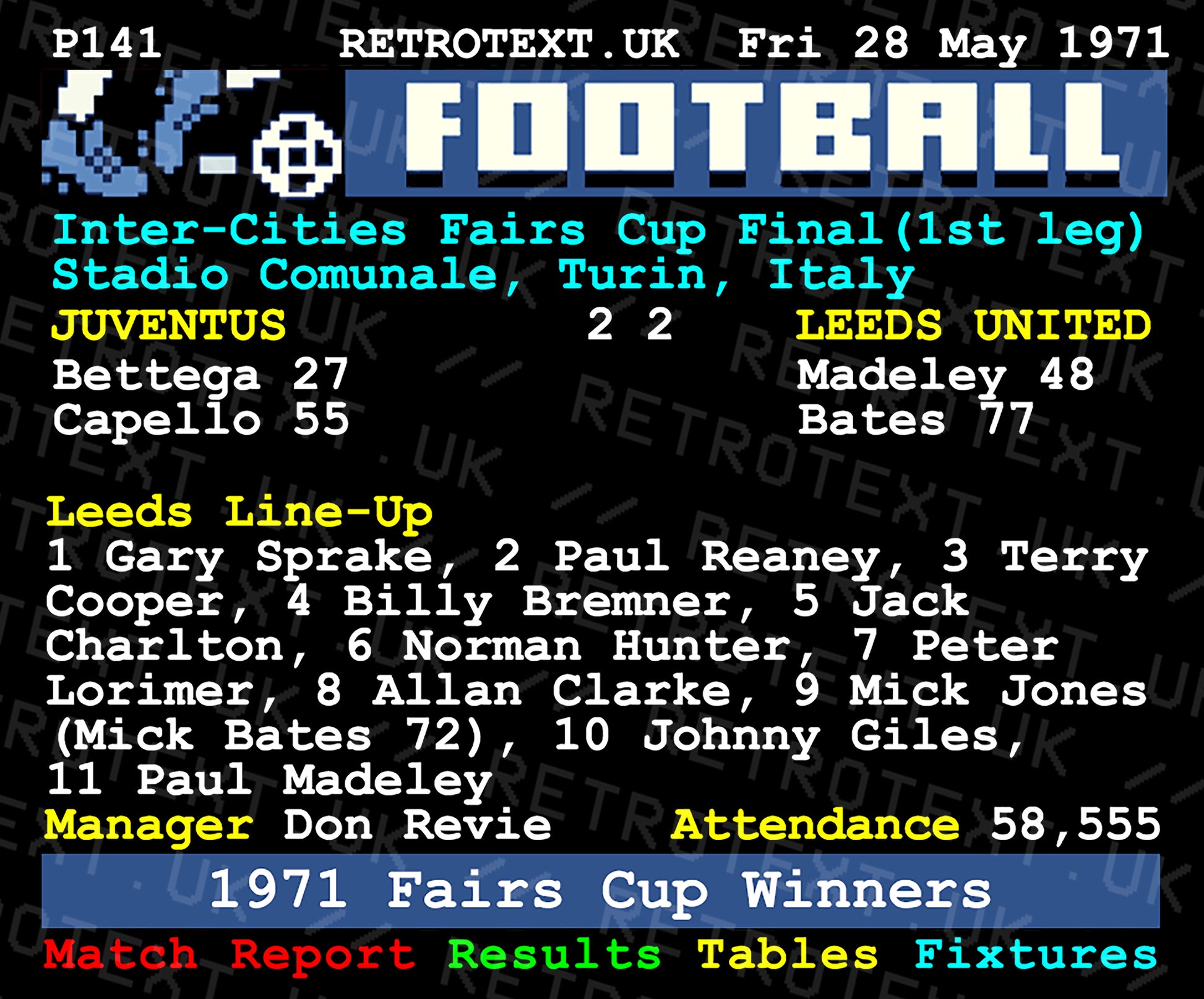 Retrotext Leeds United 1971 Inter-Cities Fairs Cup Winners teletext style mug featuring match details and line-up
