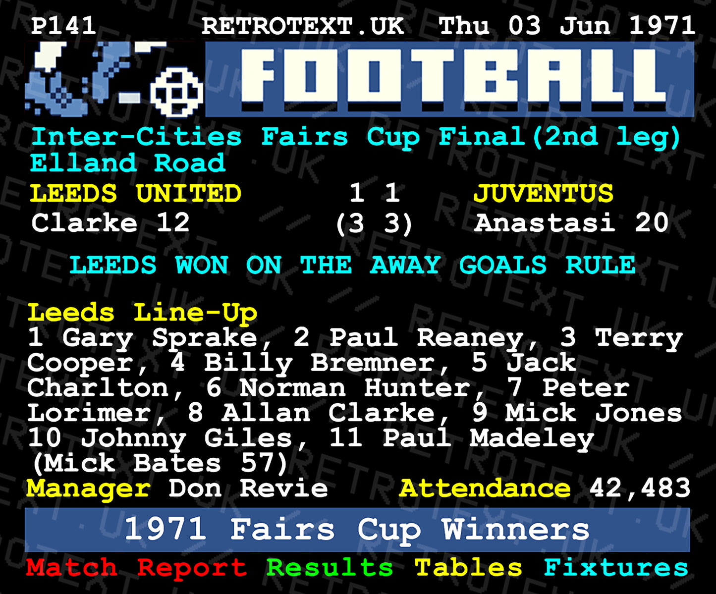 Retrotext Leeds United 1971 Inter-Cities Fairs Cup Winners teletext style graphic on a glossy white 11oz ceramic mug
