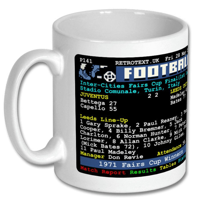 Retrotext Leeds United 1971 Inter-Cities Fairs Cup Winners teletext design on a glossy white 11oz ceramic mug