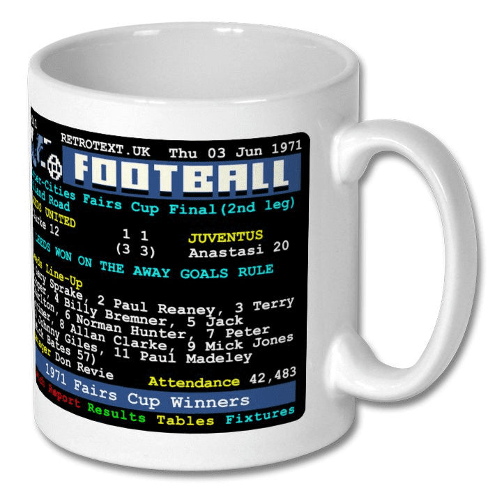 Retrotext white ceramic mug featuring a 1971 Leeds United Inter-Cities Fairs Cup teletext match report design